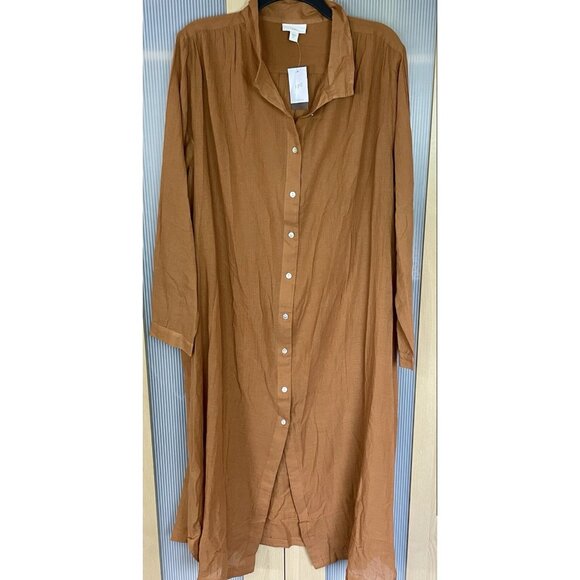 J•Jill Brown Button Front Long Sleeve Maxi Dress Cotton Beach Resort Casual XL - Picture 2 of 8